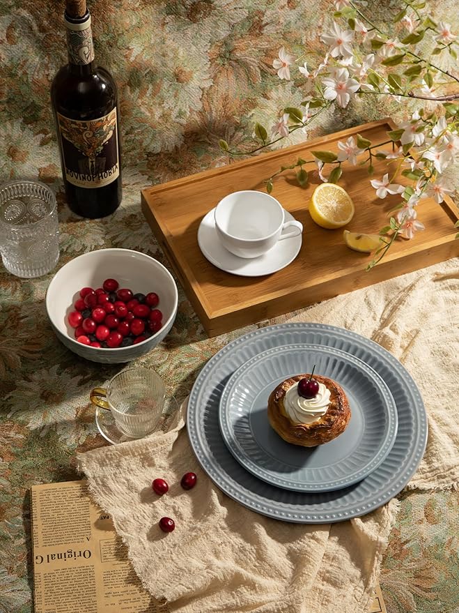 Famiware Garden Plates and Bowls Set for 6 18-Piece Kitchen Dishes Dinnerware Set - Microwave and Dishwasher Safe Scratch Resistant Reactive Glaze and Embossed Stoneware Tableware Bluish Grey
