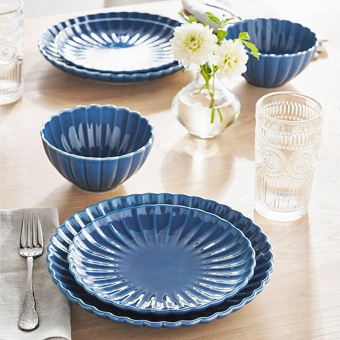 12-Piece Stoneware Dinnerware Set Scalloped Design Blue