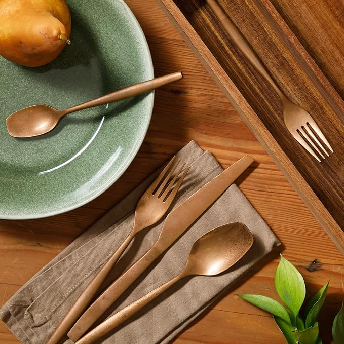 Bloomhouse - Two Time Oprah's Favorite Things Winner - 20 Piece Stone Washed Rose Gold Flatware 18/10 Stainless Steel Silverware Cutlery Utensil Set With Acacia Wood Caddy - Service for 4