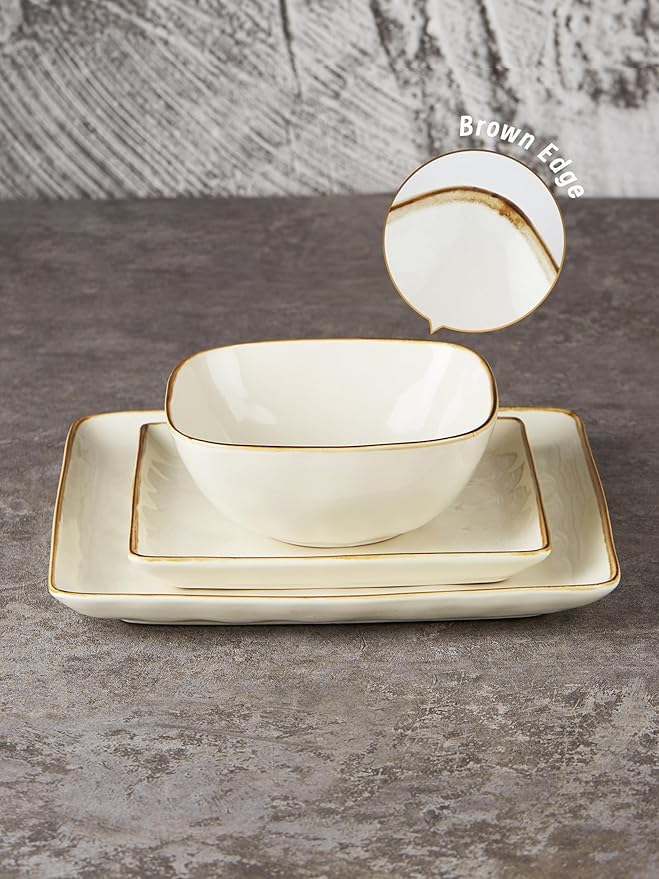 Famiware Ocean Square Plates and Bowls Sets + 3 Pcs Ocean Oval Serving Platter 15-Piece Dinnerware Sets for 4 White