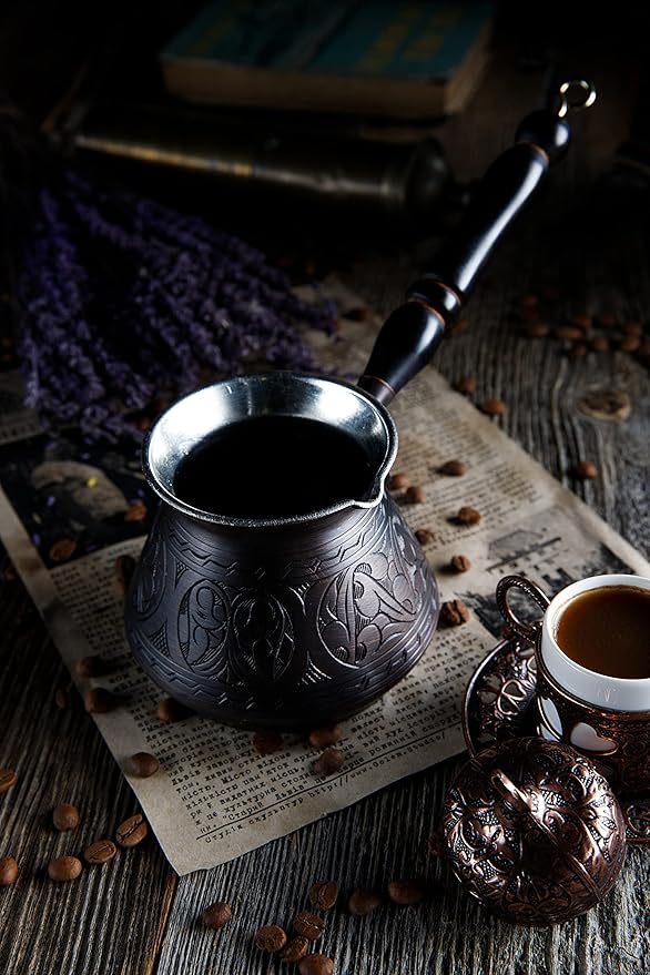 DEMMEX 15 Oz Thickest Copper Turkish Greek Arabic Coffee Pot Stovetop Coffee Maker Cezve Ibrik Briki with Wooden Handle &amp Spoon Hand Engraved (Antique Copper 6 Servings)