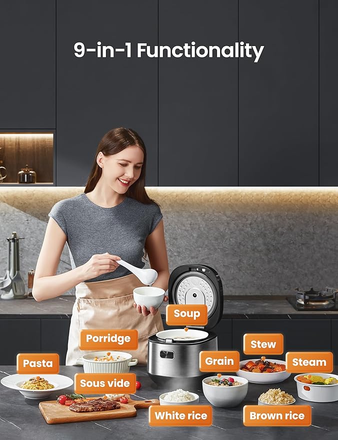 COMFEE' Compact Rice Cooker 8 Cups Cooked/4 Cups Uncooked 9-in-1 Multi Cooker Fast Rice Maker Steam Brown Rice Grains Fuzzy Logic Technology Grey