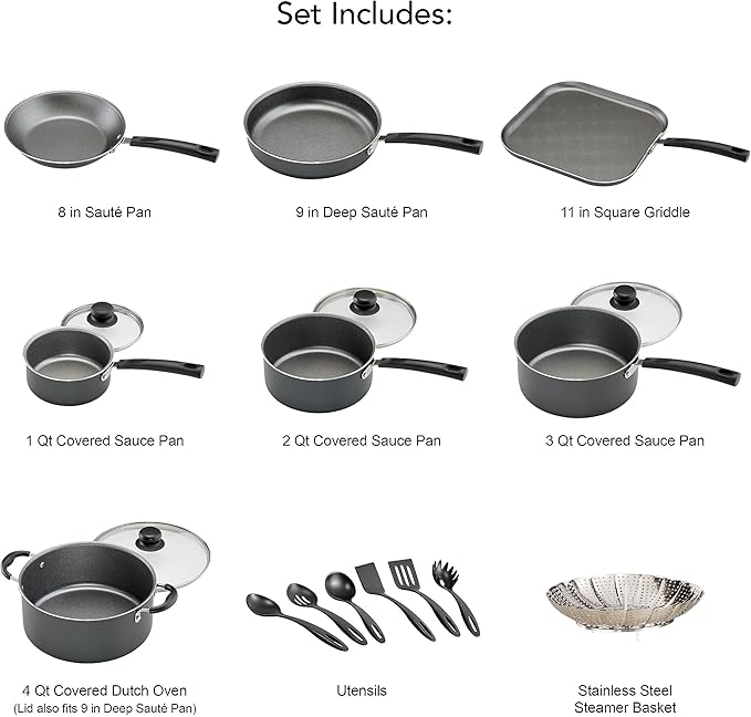 18 Piece Non-stick Cookware Set - Steel Gray Color Complete Set for Home Kitchen Daily Cooking
