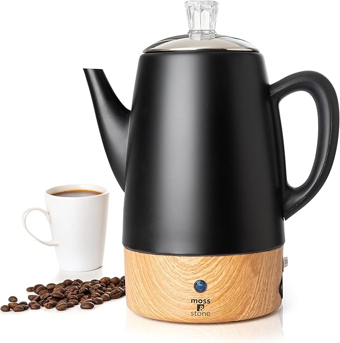 Moss &amp Stone 10 Cup Black Percolator Coffee Pot Electric Stainless Steel Coffee Percolator Electric With Keep Warm Function Classic Perculator Pot With Removable Basket for Home or Office