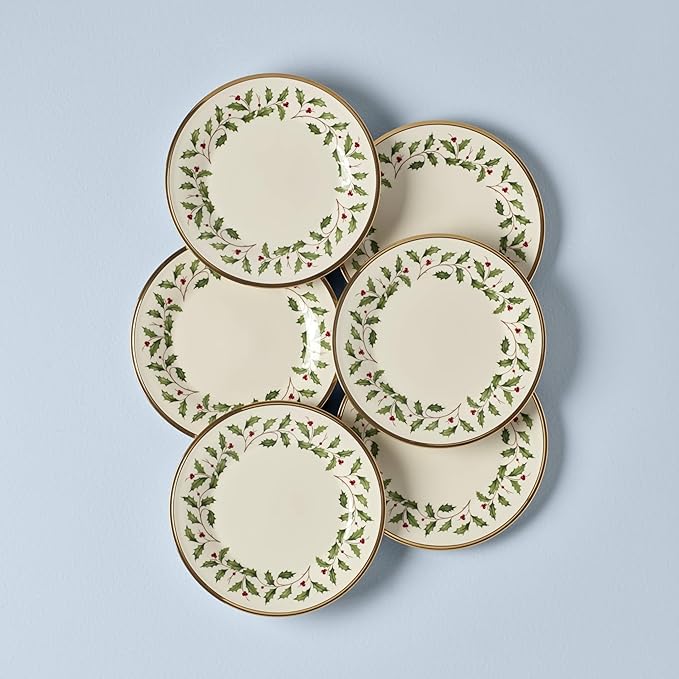 Lenox Holiday 6-Piece Salad Plates Dinnerware Set Service For 6 Porcelain Dishwasher Safe Round Plates Set Ivory Red &amp Green Perfect for Gatherings Hosting Christmas Dinnerware (Ivory 6 Pi