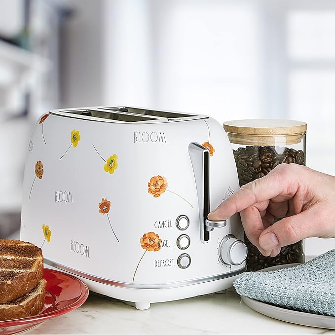 Rae Dunn Retro Rounded Bread Toaster 2 Slice Stainless Steel Toaster with Removable Crumb Tray Wide Slot with 6 Browning Levels Bagel Defrost and Cancel Options White Floral