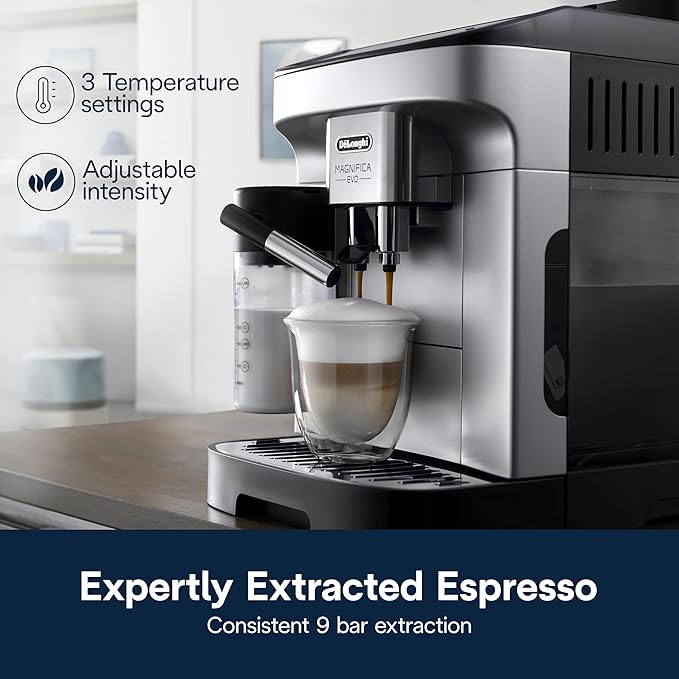 De'Longhi Magnifica Evo Automatic Espresso &amp Coffee Machine with Auto Milk Frother Built-in Grinder &amp Auto-Clean Function - For Latte Cappuccino Americano Iced Coffee ECAM29084SB  Silver