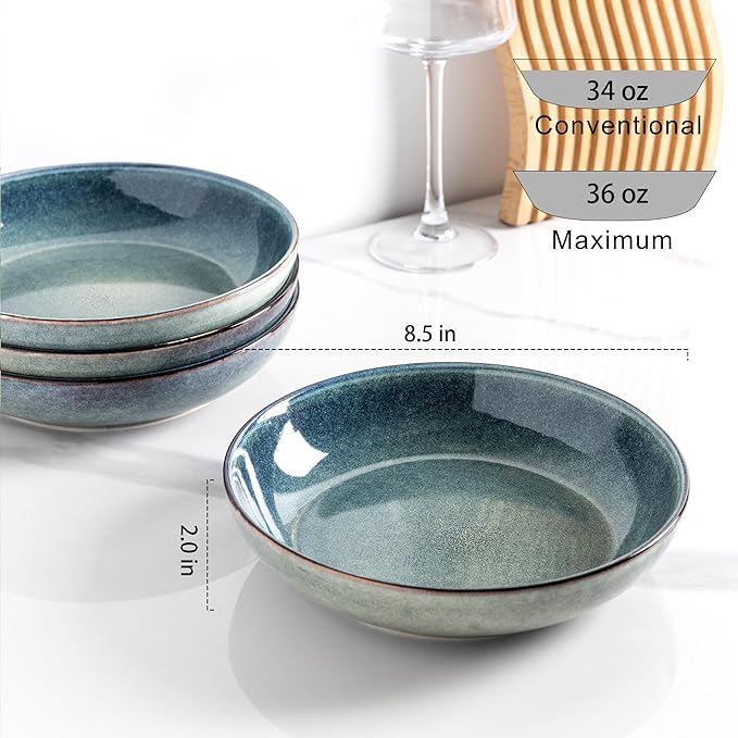 AmorArc Ceramic Dinnerware Sets with Pasta Bowl Handmade Reactive Glaze Plates and Bowls SetsHighly Chip and Crack Resistant | Dishwasher &amp Microwave Safe Dishes Set Service for 4 (16pc)