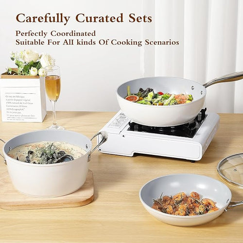 13 Piece Nonstick Kitchen Cookware Set Healthy Ceramic Aluminum Pots and Pans Set Induction/Ceramic Stove Compatible Oven/Dishwasher Safe
