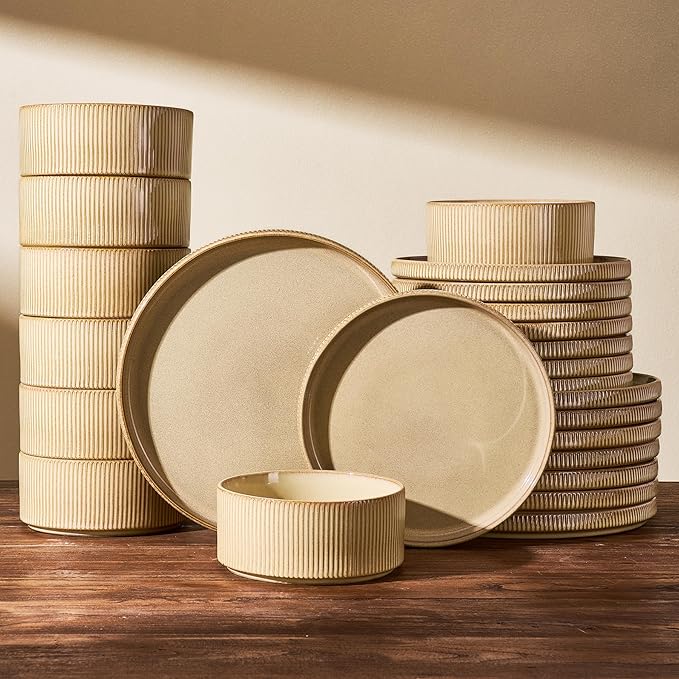 24-Piece Dinnerware Set Service for 8 Famiware Premium Stoneware Dish Set with Ribbed Plates and Deep Bowls Double Reactive Glaze Chip &amp Scratch Resistant Microwave &amp Dishwasher Safe Crea