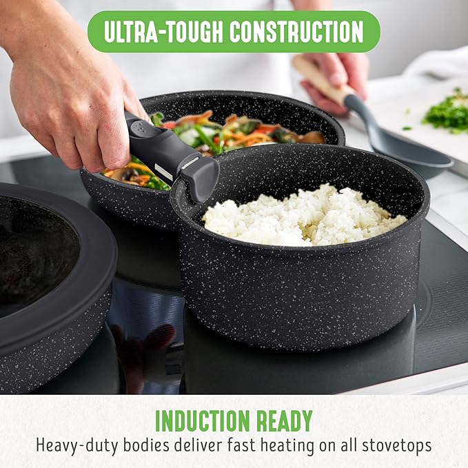 GreenLife 10 Piece Nonstick Pots &amp Pans Set Detachable Handle &amp Stackable Cookware Set Non Toxic PFAS-Free Skillets Induction Kitchen Pans Space Saving Serving Bowls Oven Safe Granite B