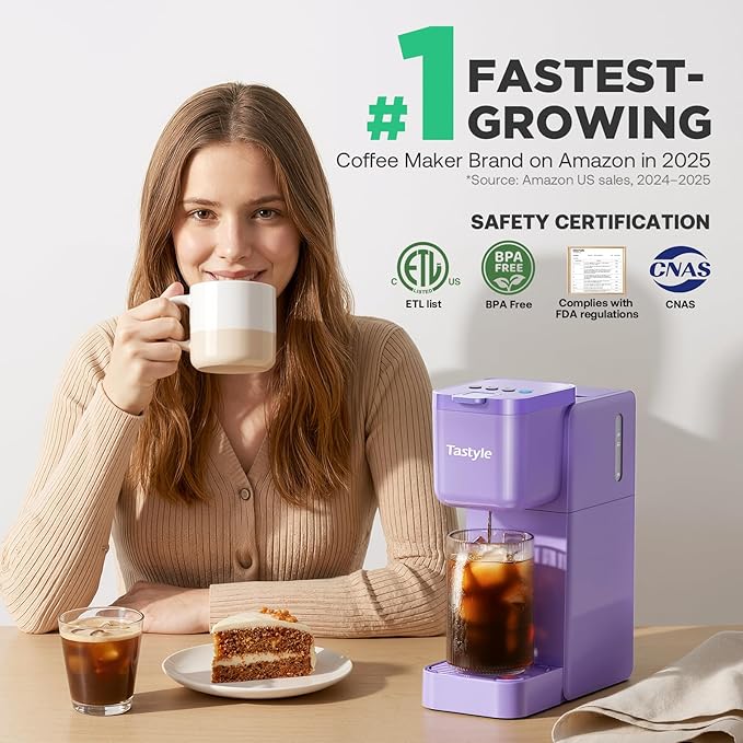 Single Serve Coffee Maker Hot and Iced with Bold Brew Small Coffee Machine for K Cup and Ground Fits 7.3'' Travel Mug Brews up to 16 Oz 5 Cup Sizes Compact for Office RV&amp Hotel Lavender