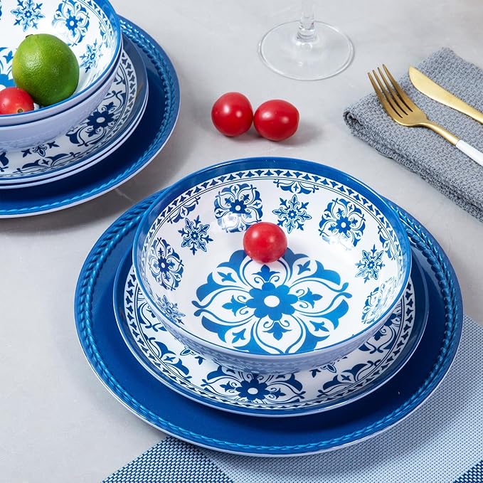 Melamine Dinnerware Set -12pcs Outdoor and Indoor Plates and Bowls Set Service for 4 Dishwasher Safe Blue Flower