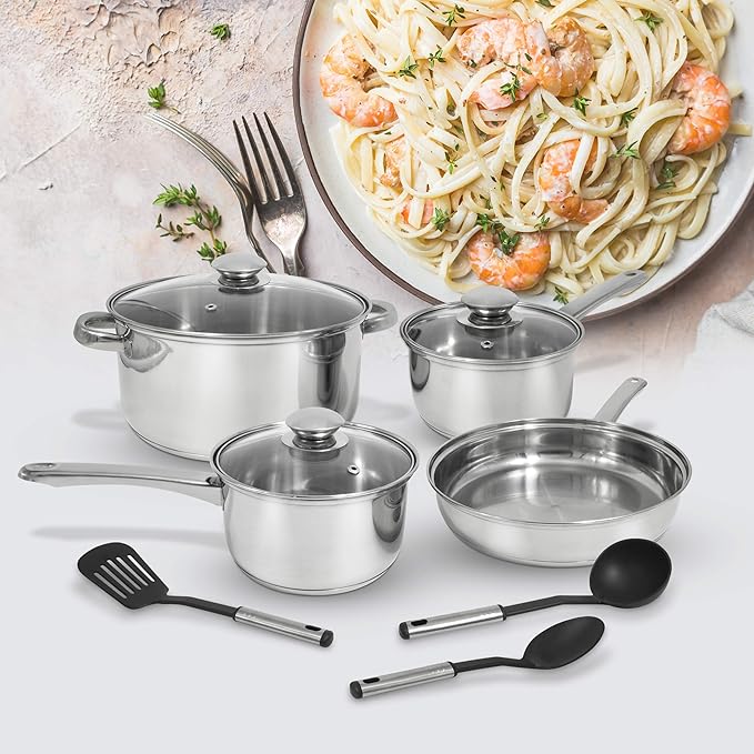 EXCELSTEEL w/Encapsulated Base &amp Tools Versatile for Any Kitchen Stainless Cookware Set 10 Pc