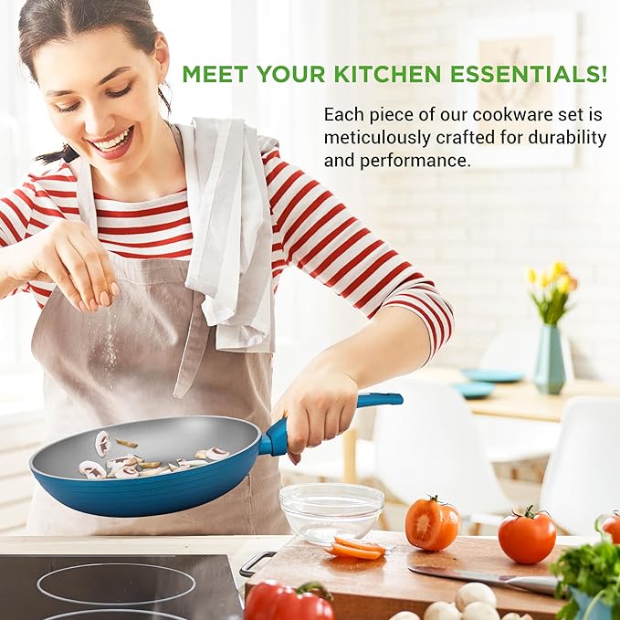 NutriChef 12-Piece Nonstick Kitchen Cookware Set - Easy to Clean Fireproof Lacquer - Saucepot Cooking Pots Fry Pans Utensils Tempered Glass Lids - Light Gray/Green Induction Ready