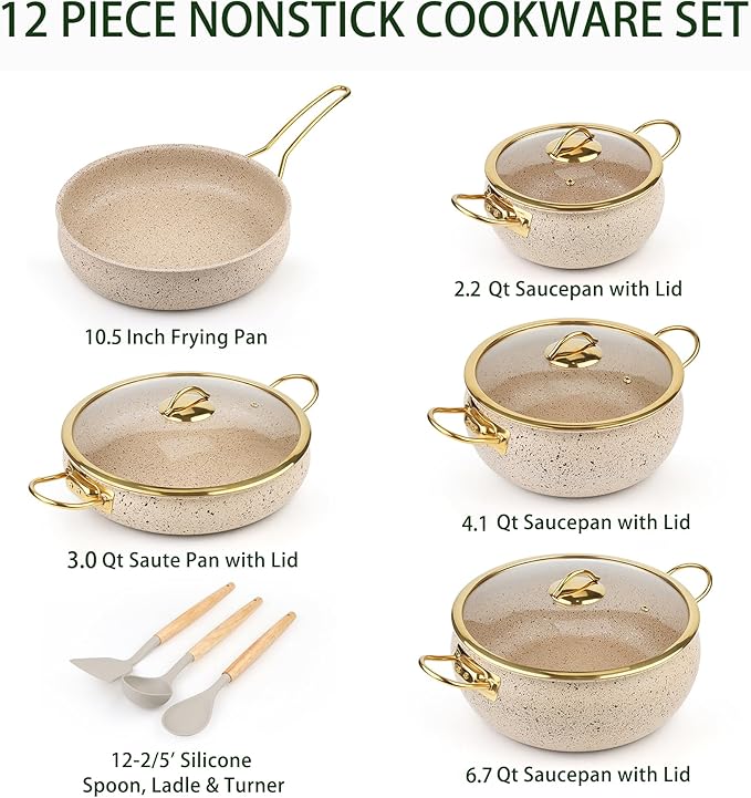 Fully Clad 5-Ply Stainless Steel Cookware Set 12Pcs Nonstick Pots and Pans Set with Stay-Cool Handles Induction Compatible Stackble Design Includes with Frying Pan Saucepans and Saute Pan (Beige)