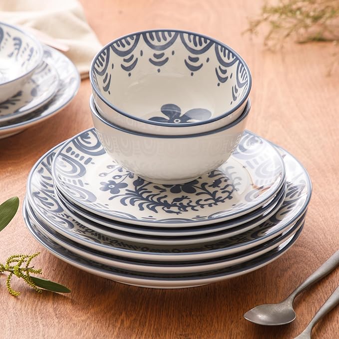 Bloomhouse - 2-Time Oprah’s Favorite Things - Valencia Flor 16 Piece Dinnerware Set Artisanal Decorated Stoneware Plates &amp Bowls Service for 4 Microwave &amp Dishwasher Safe Iris Blue