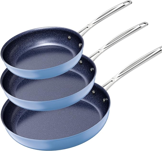 Nuwave 3-Piece Fry Pan Set 8” 10” 12” Forged Lightweight G10 Healthy Duralon Blue Ceramic Ultra Non-Stick Induction-Ready &amp Works on All Cooktops Ergonomic Stay-Cool Handles