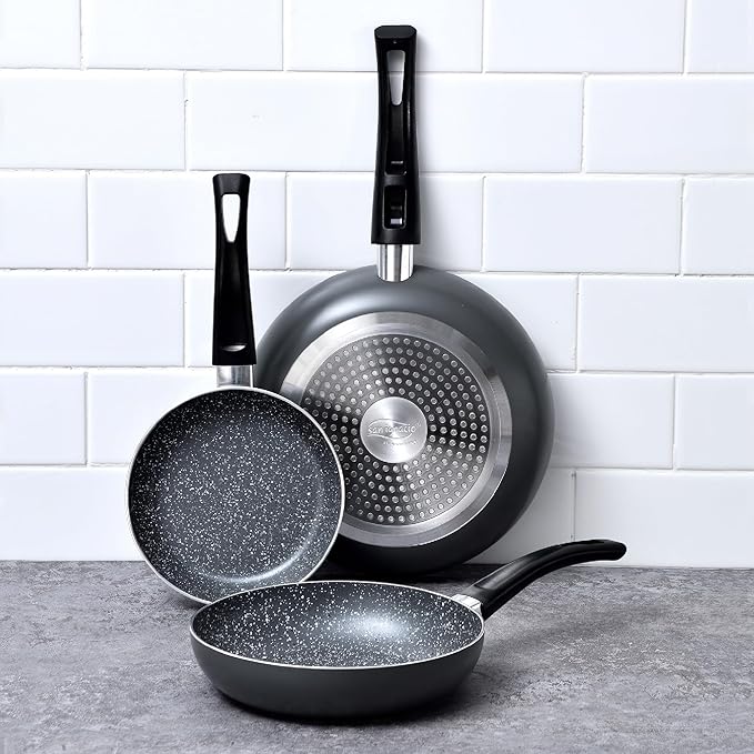Set 3pc Frying Pan (16+20+24cm) Pressed Aluminium Induction Black Soul Marble with Set 3pc Kitchen Utensils Nylon with Set 4pc Stainless Steel Knives