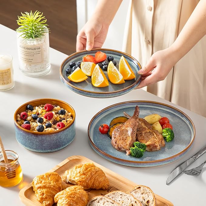 vancasso ONION Ceramic Plates and Bowls Sets 24 Pieces Blue Dinnerware Sets for Kitchen Reactive Glaze Dishes Set for 8 Dishwasher and Microwave Safe