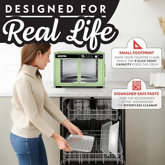 Gourmia French Door Air Fryer Oven - 37 Qt Large Capacity Convection Toaster Oven FryForce 360° Digital Display 12 Cooking Presets Dehydrate Fits 13” Pizza Dishwasher-Safe Green