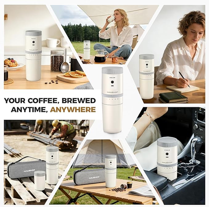 HAUSHOF Portable Coffee Maker Camping Coffee Makers Travel Mini Coffee Maker Portable Travel Coffee Maker with Grinder Personal Cordless Travel Coffee Maker for Car Camping and Home