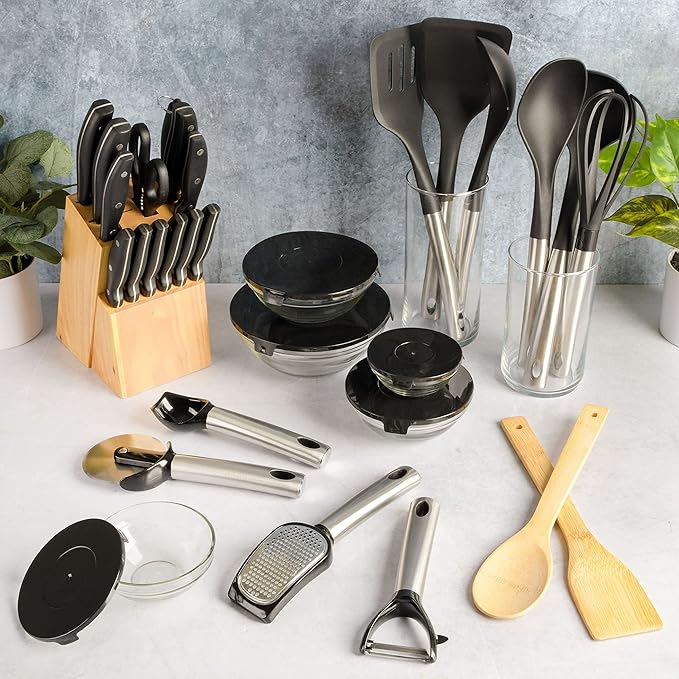 Gibson Home 95 Piece Kitchen in a Box Pots and Pans Cookware Plates and Bowls Dinnerware Cutlery Knife Block Flatware Utensils Tools &amp Gadgets Storage Glasses Set
