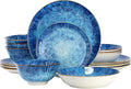 16‑Piece Porcelain Dinnerware Set in Green Double Bowl Design with Dinner Plates Salad Plates and Bowls Dishwasher &amp Microwave Safe (Blue)
