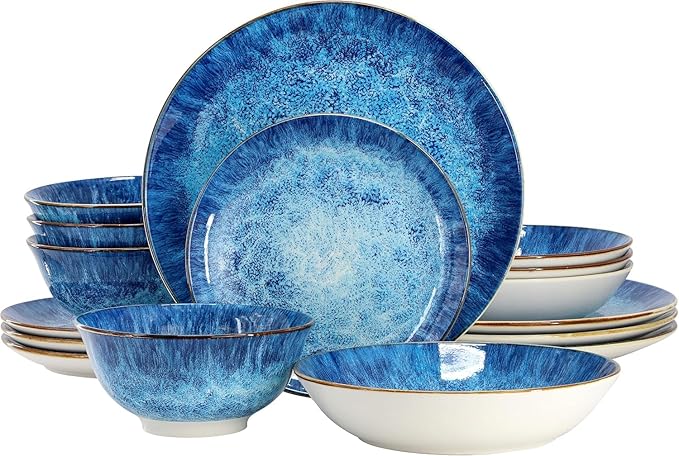 16‑Piece Porcelain Dinnerware Set in Green Double Bowl Design with Dinner Plates Salad Plates and Bowls Dishwasher &amp Microwave Safe (Blue)