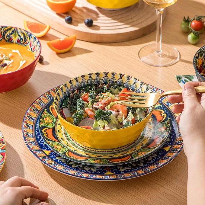 Henten Home Ceramic 12 Pieces Dinnerware Sets Bohemia Dinner Plates Soup Bowls Porcelain Dinnerware Set for 4 Microwave &amp Dishwasher Safe Scratch Resistant