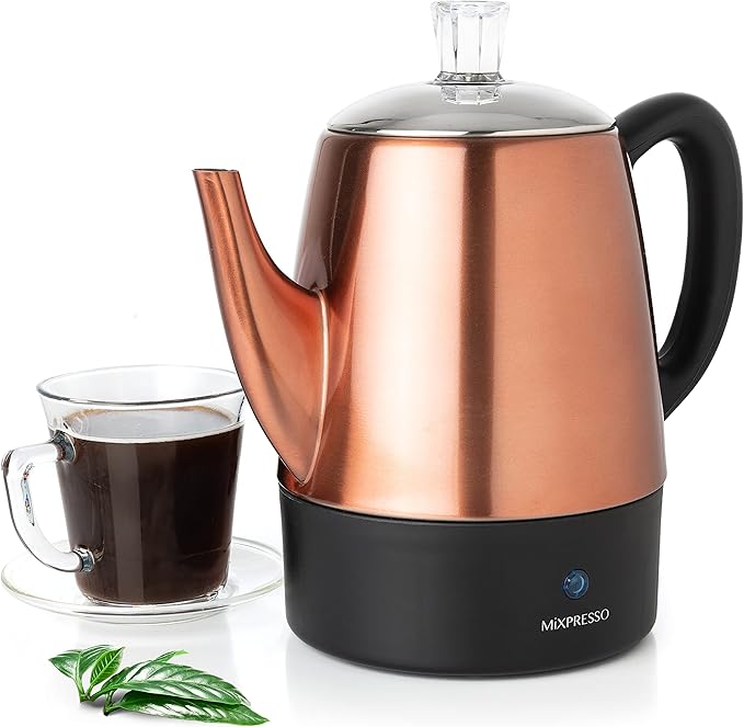 Mixpresso 4 Cup Percolator Coffee Pot Electric Copper Stainless Steel Coffee Percolator Electric With Keep Warm Function Classic Perculator Pot With Removable Basket for Home or Office