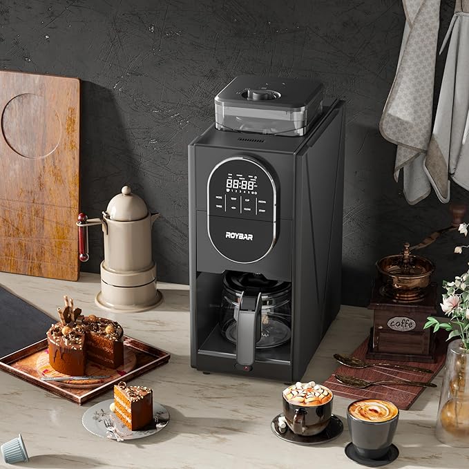 Coffee Maker with Grinder Programmable Hot and Cold Coffee Maker with 22 oz Glass Carafe Adjustable Fully Automatic grind and brew Coffee Machine with Timer Black Americano Iced Coffee Machine