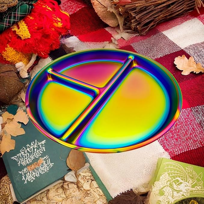 12-Piece Stainless Steel Rainbow Dinnerware Sets for 4 Unbreakable Reusable Divided Plates Bowls Cups Round Dishwasher Safe for Kitchen Camping Picnic RV