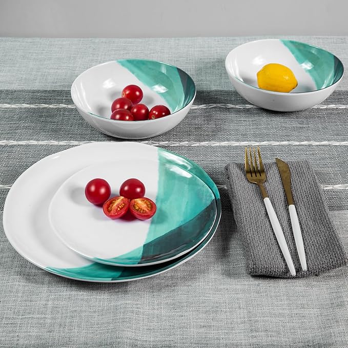 Melamine Plates and Bowls Set - 12pcs Dinnerware Dishes Set for 4 Dinner Plates for Indoor and Outdoor Use Lightweight Break-resistant Green &amp White