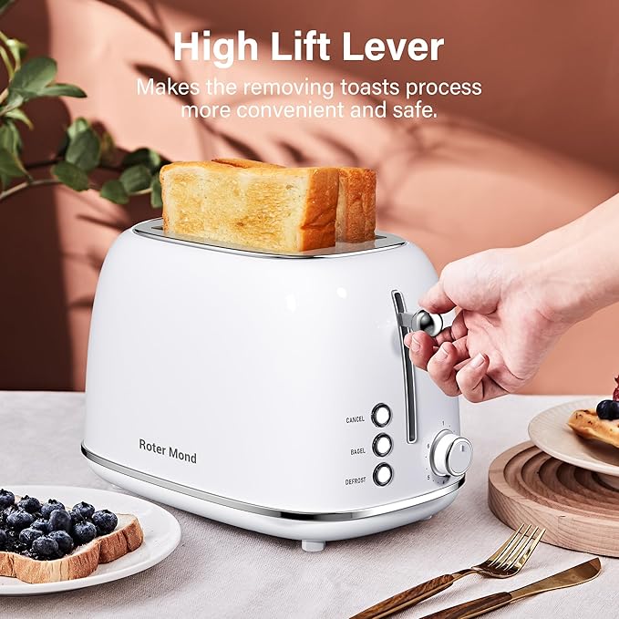 Roter Mond 2 Slice Toaster Retro Stainless Steel with Bagel Cancel and Defrost Functions 6 Bread Shade Settings Extra Wide Slots and Removable Crumb Tray White