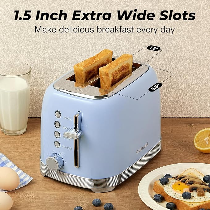 Toaster 2 Slice Retro Stainless Steel with 1.5” Extra Wide Slots Bagel Defrost Reheat Cancel Functions 6 Bread Shade Settings Removable Crumb Tray Blue