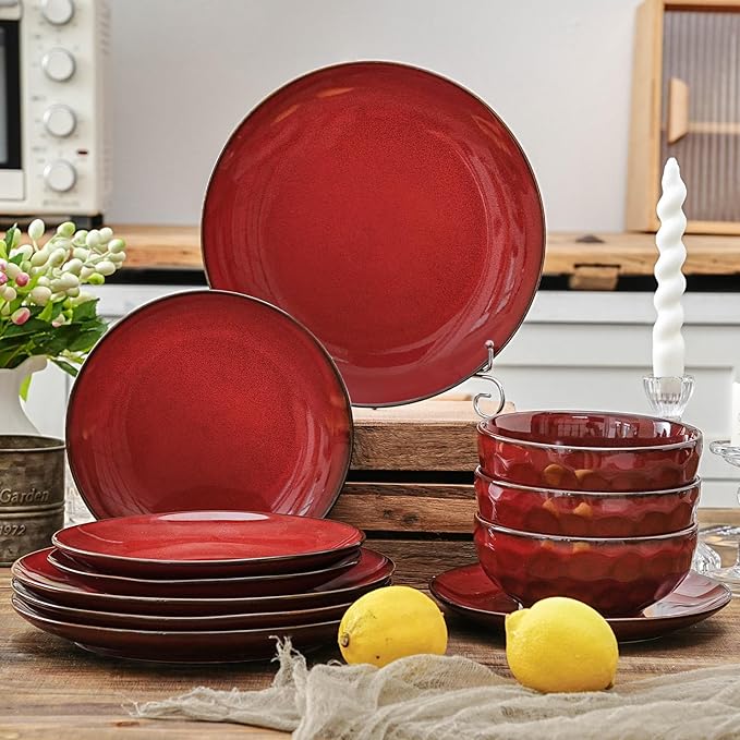 Vicrays 12-Piece Ceramic Dinnerware Set Dinner Plates Salad Plates &amp Cereal Bowls Dish Set for 4 Microwave Oven &amp Dishwasher Safe Scratch Resistant Cherry Red