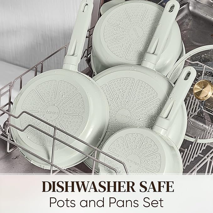 CAROTE Ceramic Cookware Set Nonstick 14pcs Pots and Pans Set Nonstick Non-Toxic &amp PFAS-Free Dishwasher RV/Camping Cookware Set Cooking Pots with Lids Sage Green