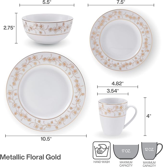 Mikasa Floral Metallic Gold 32 Piece Dinnerware Set Service For 8 White