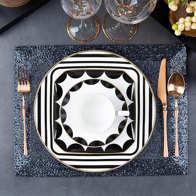 gold trim dinnerware set service for 2 8 pieces black and white ceramic plate set bone china plate and cup sets for hotel birthday Mother's Day