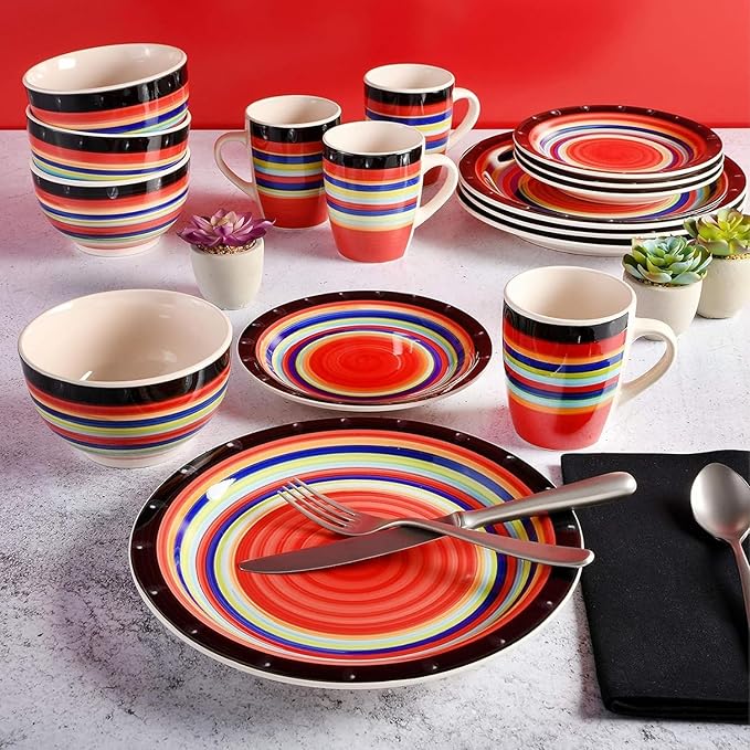 16-Piece Red Stoneware Dinnerware Set – Round Plates Bowls &amp Mugs with Multicolor Ring Design Microwave &amp Dishwasher Safe Tableware for 4