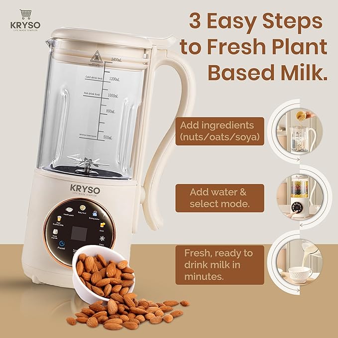 KRYSO 48OZ 8-in-1 Nut Milk Maker Machine Automatic Kitchen Appliance with Milk Frother | Almond Soy Oat &amp Plant-Based Drinks | Self-Cleaning Keep Warm Juice &amp Soup Maker