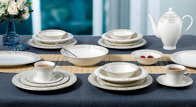 Lorren Home Trends Bone China Dinnerware Set White with Marble Pattern and Gold Trim 57 Piece Service for 8 Formal Dining Collection