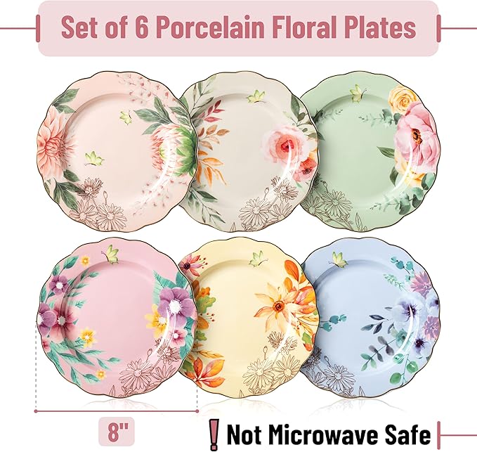 BTaT- Porcelain Floral Plates 8 inch Set of 6 Royal Dessert Plates Appetizer Plates Floral Plates Salad Plates Small Plates Small Plates Set Small Dishes Dinnerware