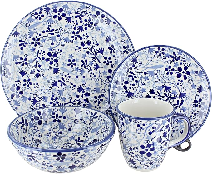 Blue Rose Polish Pottery - Blue Darcy 16 Piece Dinner Set - 4 Place Settings - Great for Everyday Dining Casual Dining or as Formal Dinnerware