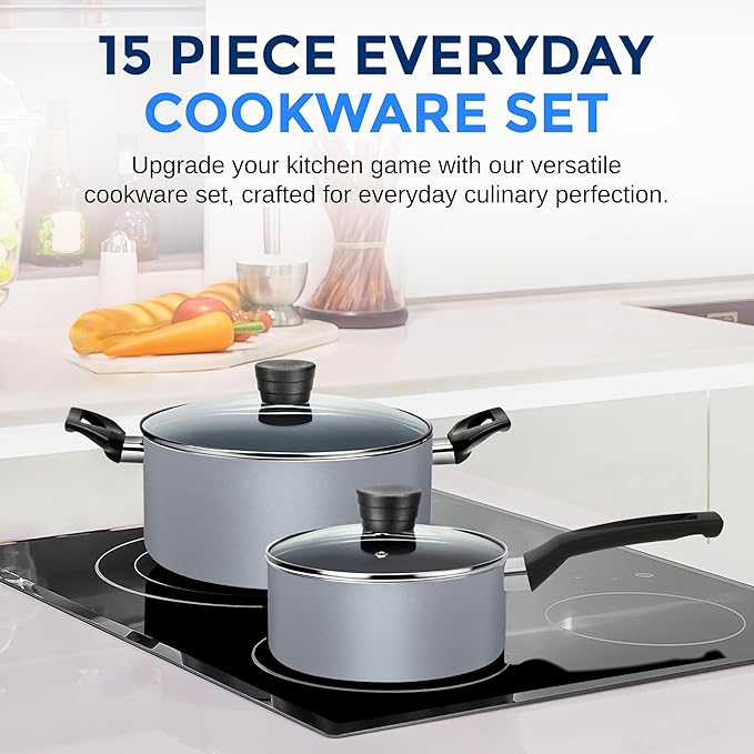 SereneLife Kitchenware Pots &amp Pans Basic Kitchen Cookware Black Non-Stick Coating Inside Heat Resistang Lacquer (11 Piece set) One Size Gray