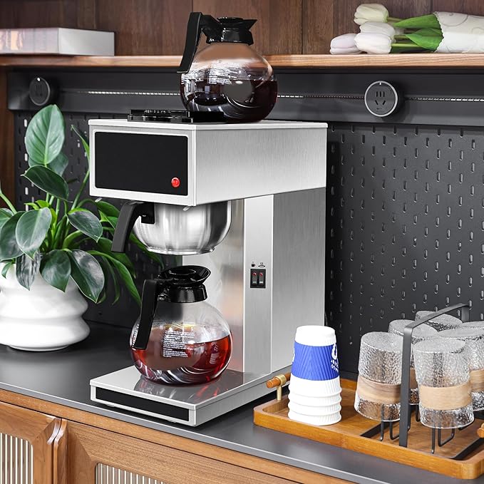 YUANHAO Commercial Coffee Maker 12-Cup with Dual Warmers Pourover Stainless Steel Coffee Brewer Machine-120V Compact Drip Coffee Maker for Office Church Break Room Event Use