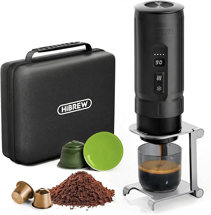 HIBREW H4C Explorer - Portable Electric Espresso Maker USB-C Rechargeable for Coffee Pods &amp Ground Coffee Compact for Home and Travel with Foldable Holder &amp Carrying Case (Black)