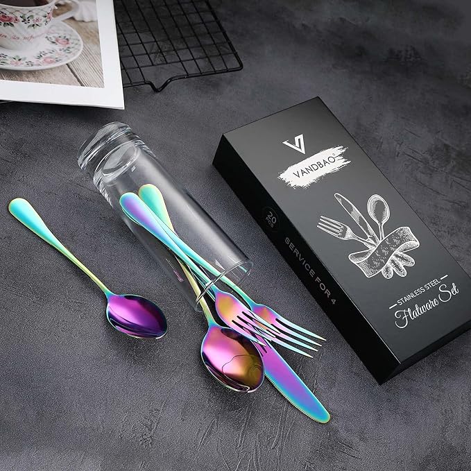 VANDBAO Rainbow Flatware Cutlery Silverware Set 20 Pieces Stainless Steel Colorful Utensils Tableware Set Service for 4 Include Knife/Fork/Spoon Reusable Mirror Polished Dishwasher Safe