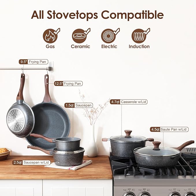SENSARTE Nonstick Cookware Set 16-Piece Healthy Pots and Pans Set Non-stick Kitchen Cooking Set with Stay-Cool Handles Silicone Utensils and Pot Protectors PFOA Free
